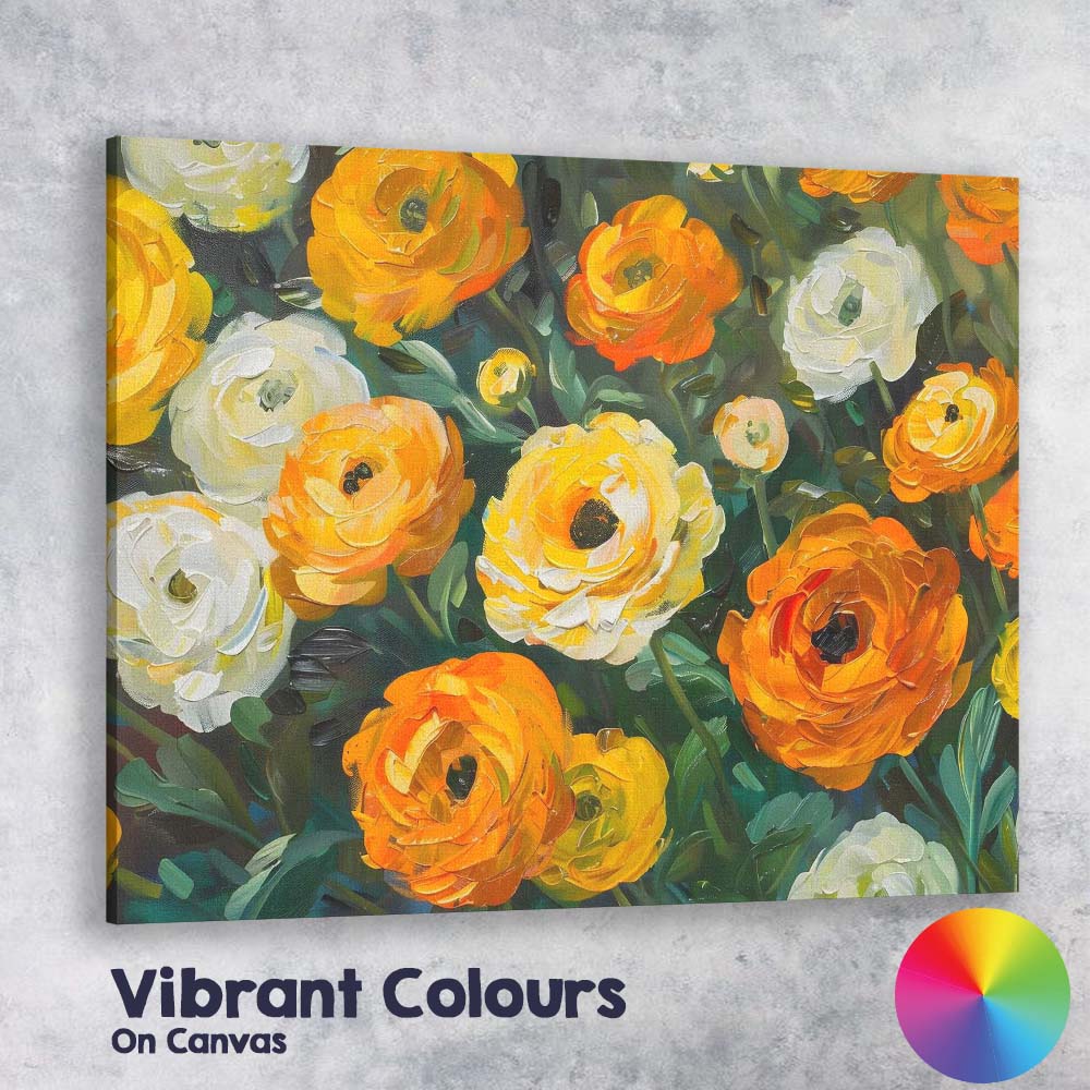 Vibrant Orange White Ranunculus Floral Painting Canvas Wall Art Print Decor Picture Ready to Hang