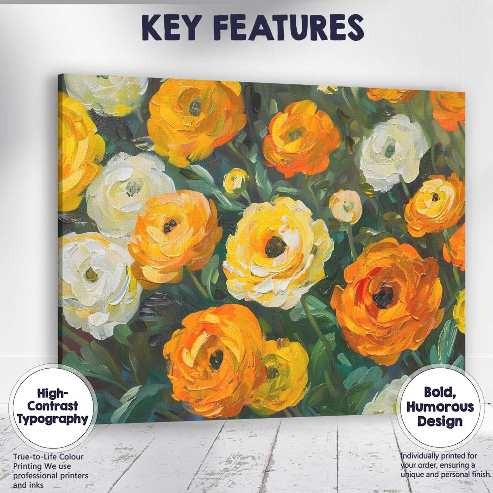 Vibrant Orange White Ranunculus Floral Painting Canvas Wall Art Print Decor Picture Ready to Hang