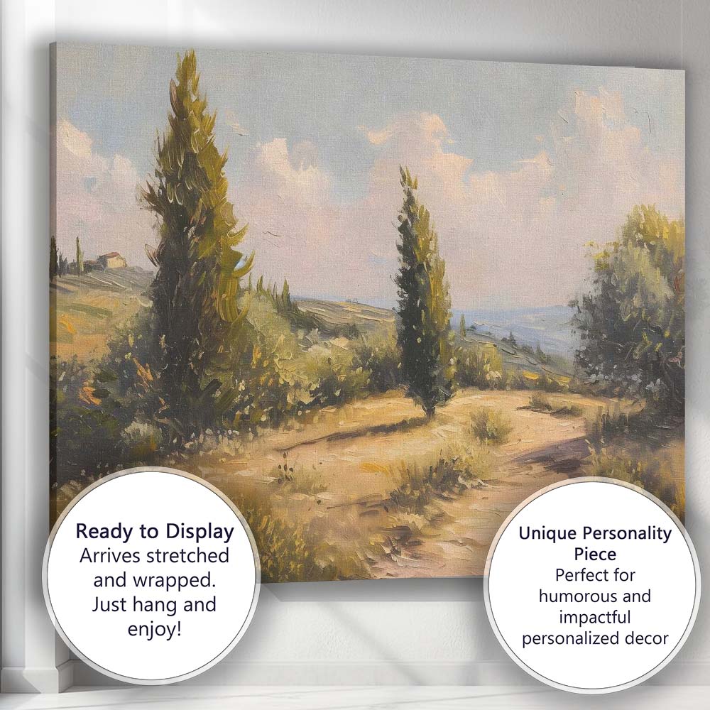 Sunlit Tuscan Cypress Country Road Landscape Canvas Wall Art Print Decor Picture Ready to Hang