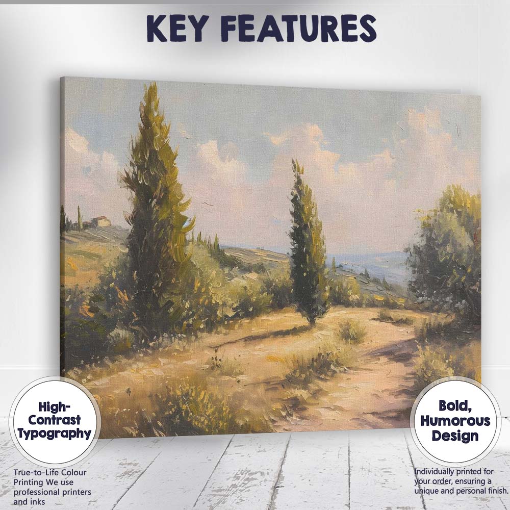 Sunlit Tuscan Cypress Country Road Landscape Canvas Wall Art Print Decor Picture Ready to Hang