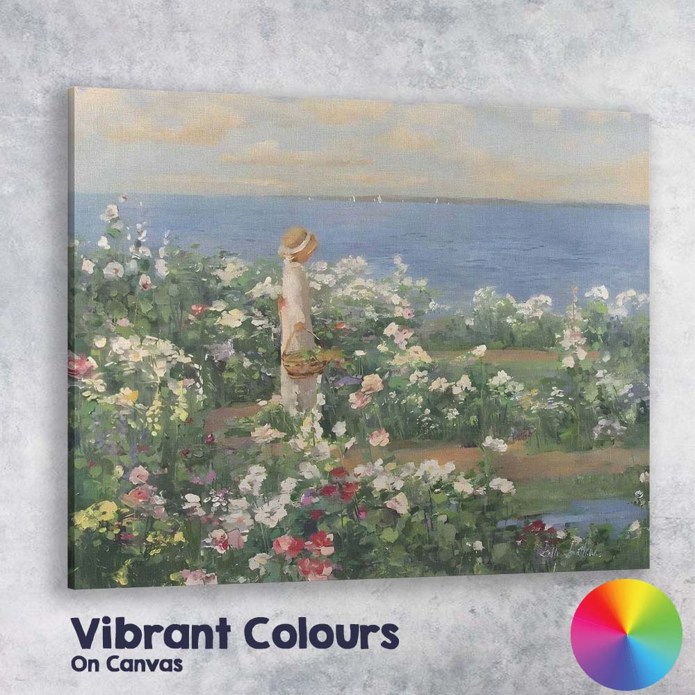Coastal Flower Garden Girl Seascape Impressionist Canvas Wall Art Print Decor Picture Ready to Hang
