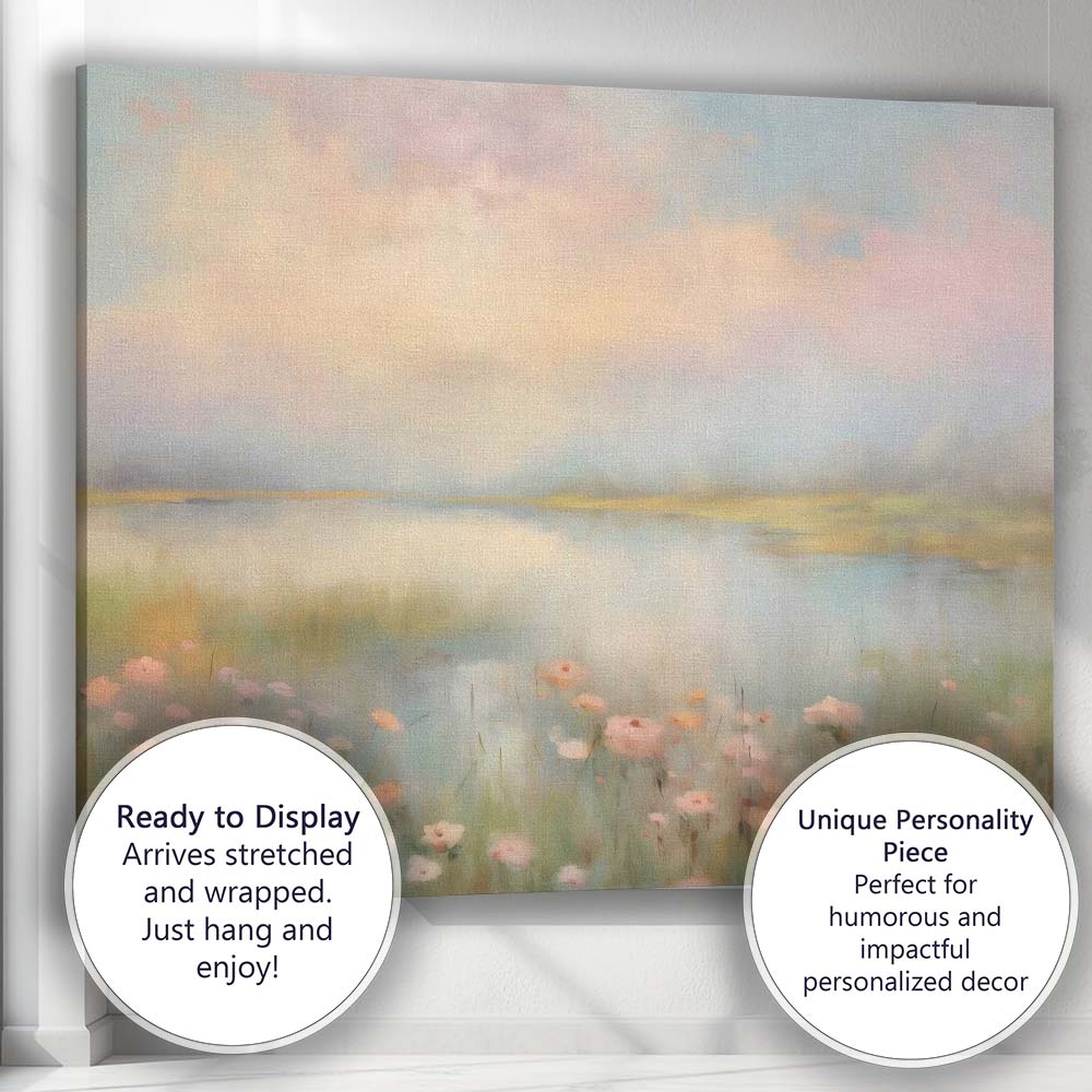 Pastel Misty Lakeside Wildflower Landscape Canvas Wall Art Print Decor Picture Ready to Hang