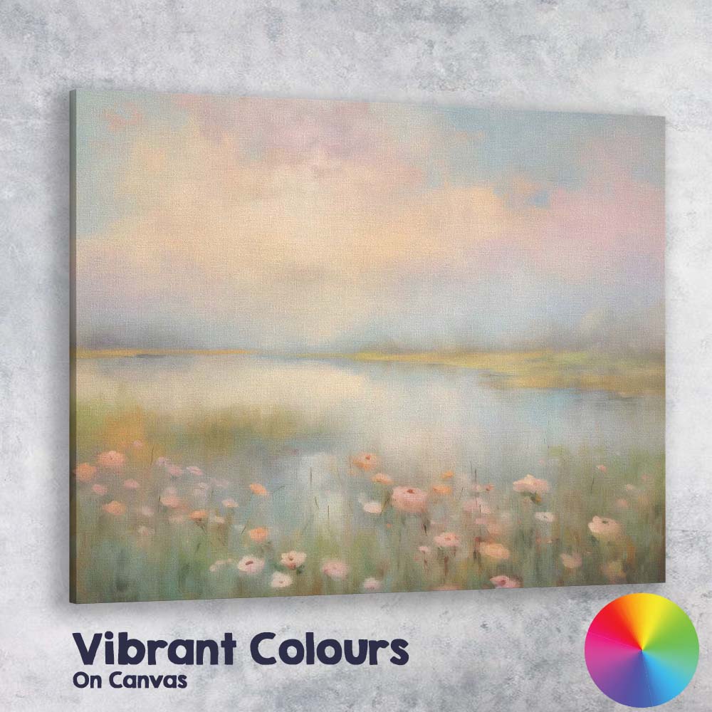 Pastel Misty Lakeside Wildflower Landscape Canvas Wall Art Print Decor Picture Ready to Hang