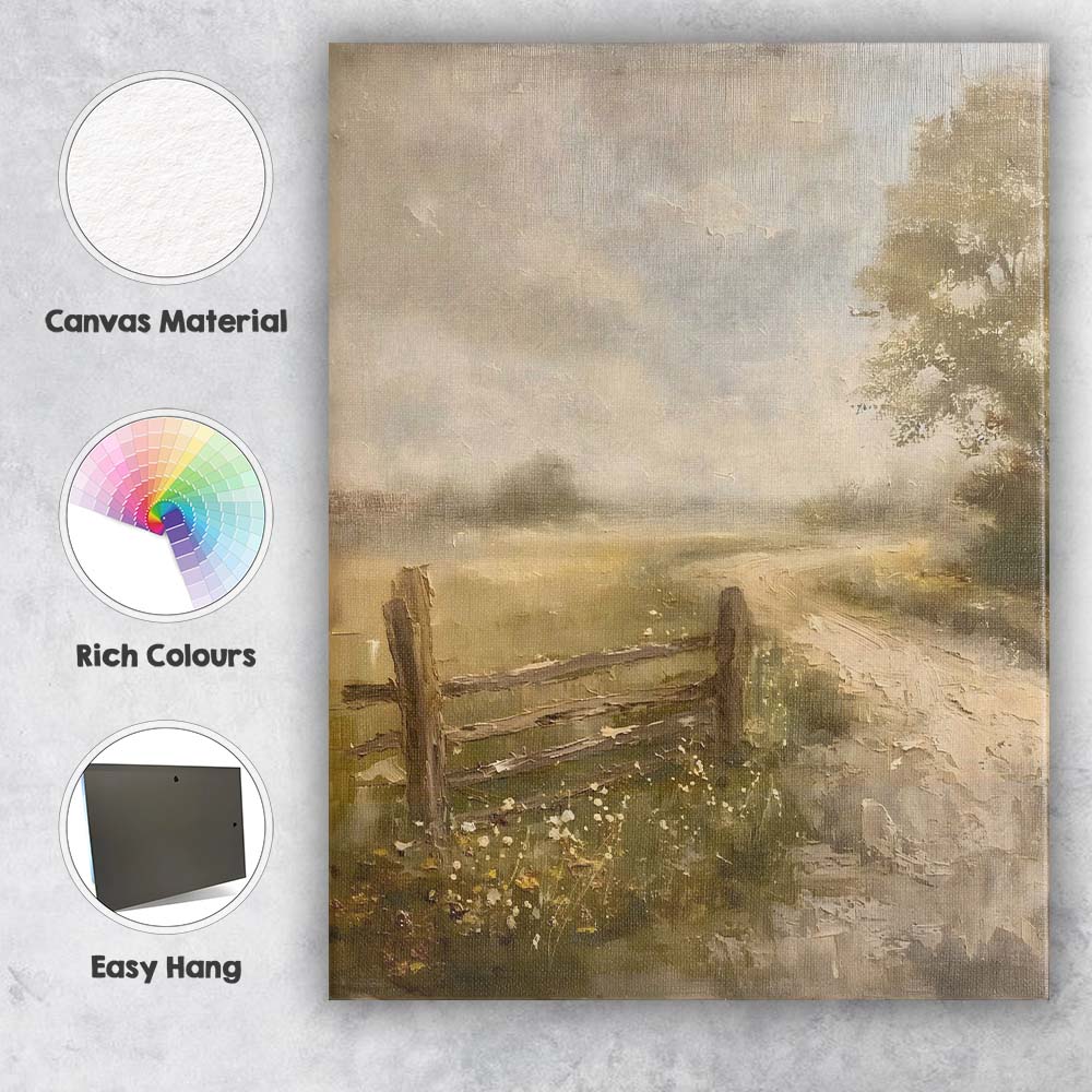 Rustic Country Gate Misty Meadow Landscape Canvas Wall Art Print Decor Picture Ready to Hang
