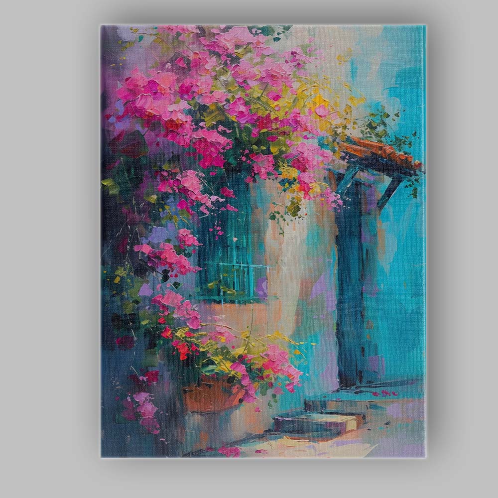 Vibrant Pink Bougainvillea Mediterranean Courtyard Canvas Wall Art Print Decor Picture Ready to Hang