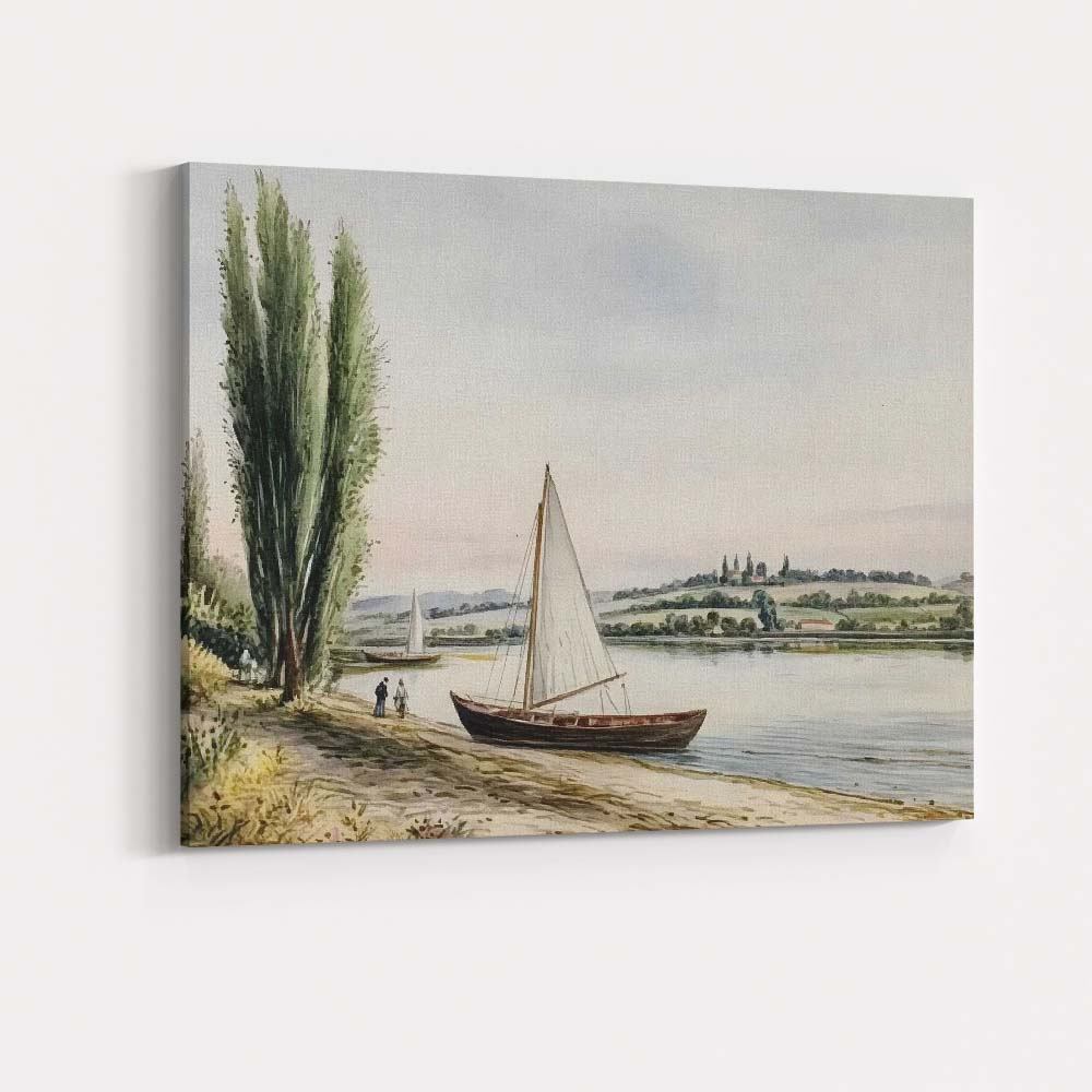 Tranquil Riverside Sailboat Watercolour Landscape Canvas Wall Art Print Decor Picture Ready to Hang