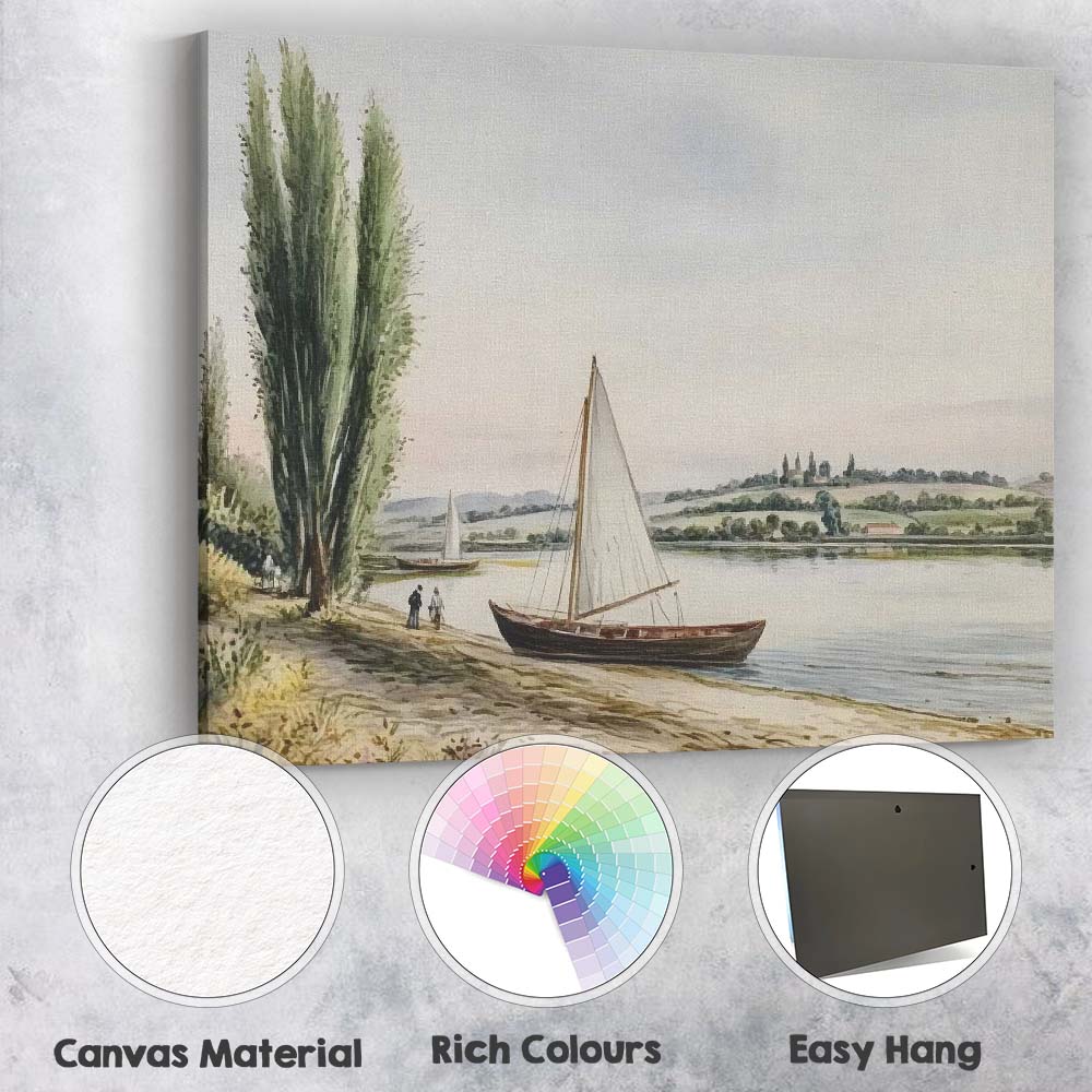 Tranquil Riverside Sailboat Watercolour Landscape Canvas Wall Art Print Decor Picture Ready to Hang