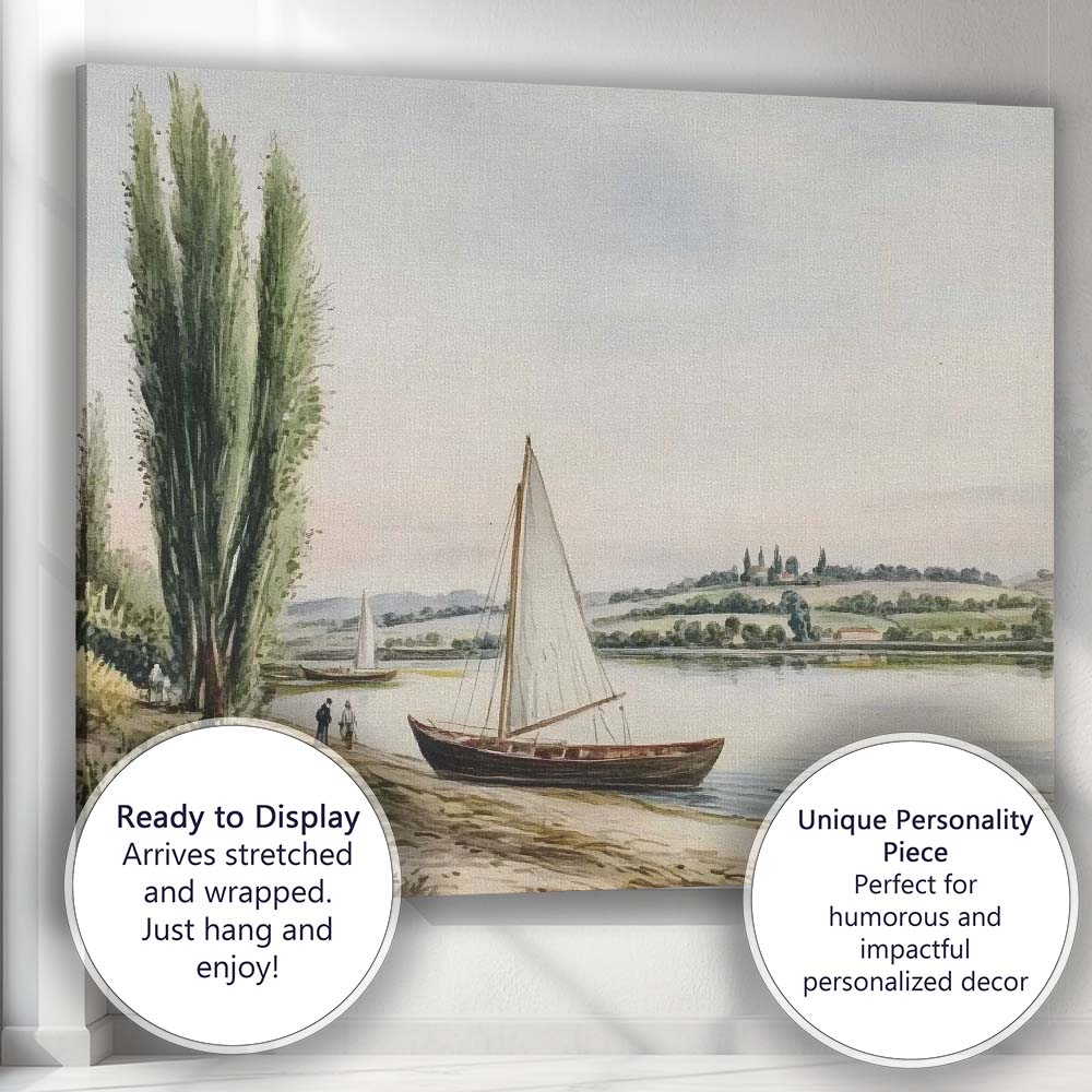 Tranquil Riverside Sailboat Watercolour Landscape Canvas Wall Art Print Decor Picture Ready to Hang