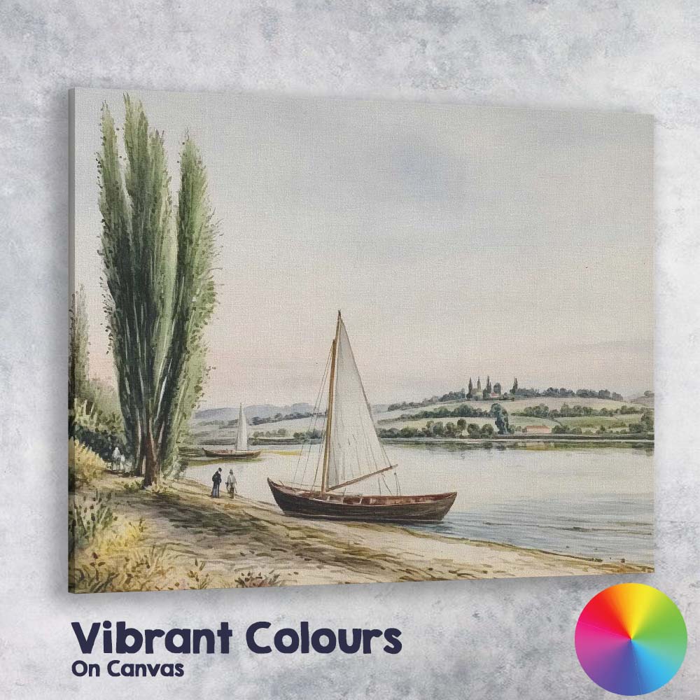 Tranquil Riverside Sailboat Watercolour Landscape Canvas Wall Art Print Decor Picture Ready to Hang