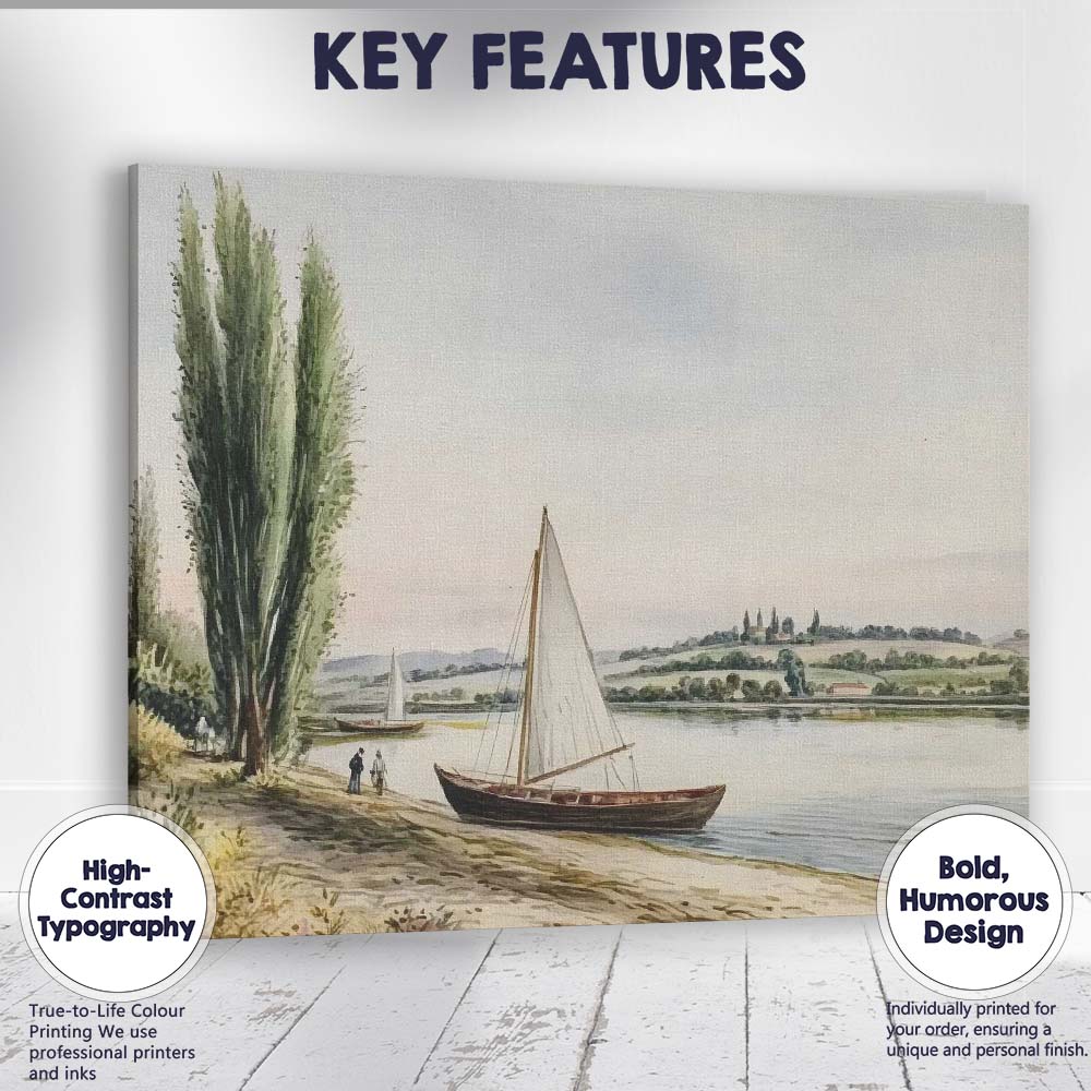 Tranquil Riverside Sailboat Watercolour Landscape Canvas Wall Art Print Decor Picture Ready to Hang