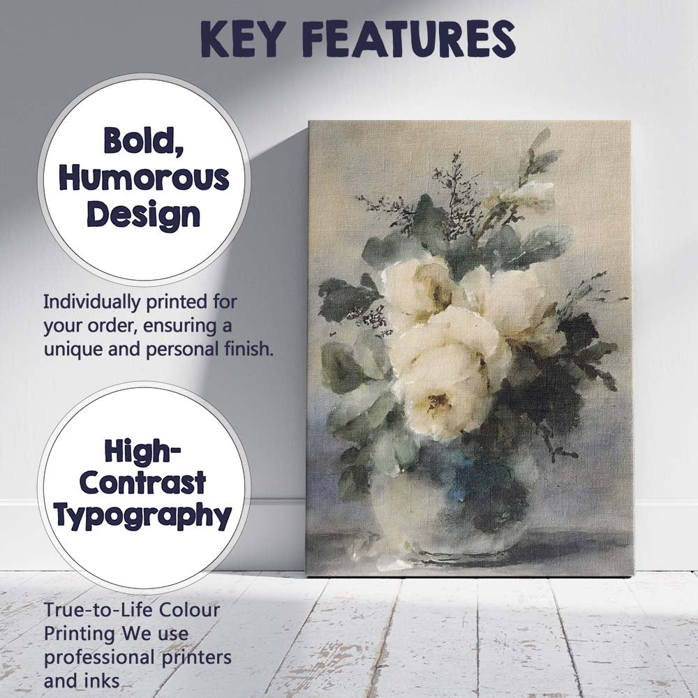 Elegant Watercolour White Rose Floral Bouquet Canvas Wall Art Print Decor Picture Ready to Hang