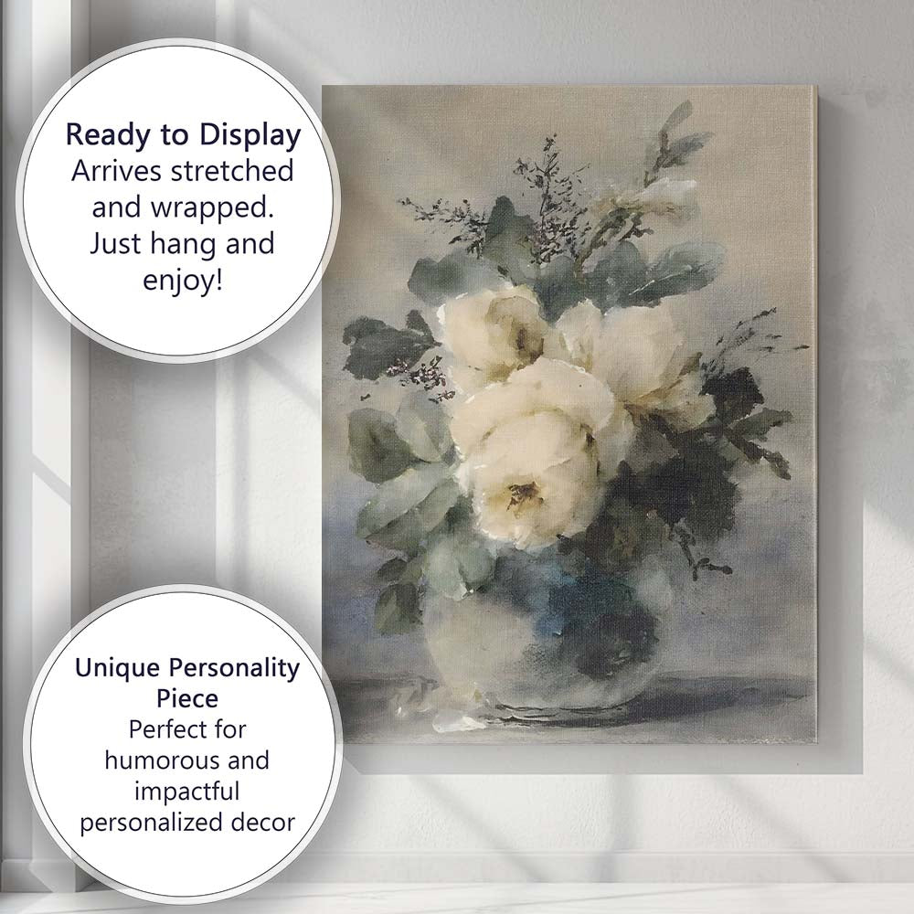 Elegant Watercolour White Rose Floral Bouquet Canvas Wall Art Print Decor Picture Ready to Hang