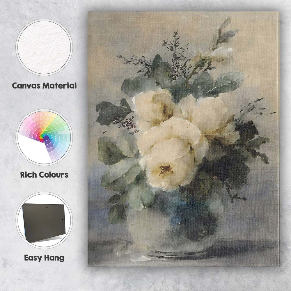 Elegant Watercolour White Rose Floral Bouquet Canvas Wall Art Print Decor Picture Ready to Hang