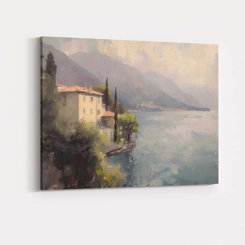 Impressionist Lakeside Villa Mountain Landscape Canvas Wall Art Print Decor Picture Ready to Hang