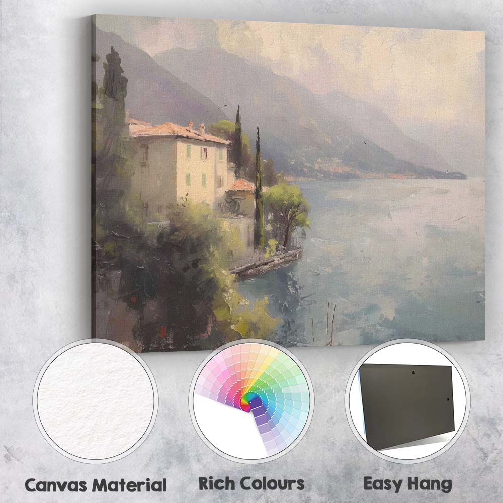 Impressionist Lakeside Villa Mountain Landscape Canvas Wall Art Print Decor Picture Ready to Hang