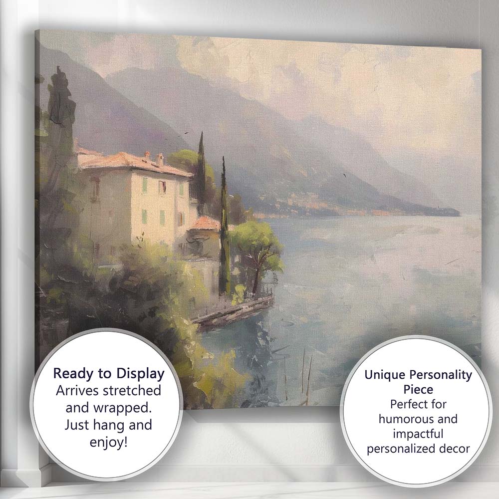 Impressionist Lakeside Villa Mountain Landscape Canvas Wall Art Print Decor Picture Ready to Hang