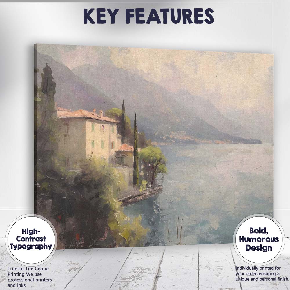 Impressionist Lakeside Villa Mountain Landscape Canvas Wall Art Print Decor Picture Ready to Hang