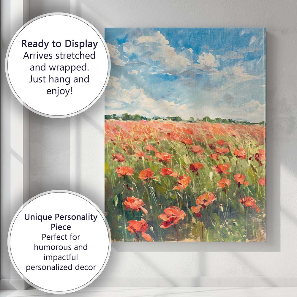 Impressionist Red Poppy Field Blue Sky Landscape Canvas Wall Art Print Decor Picture Ready to Hang