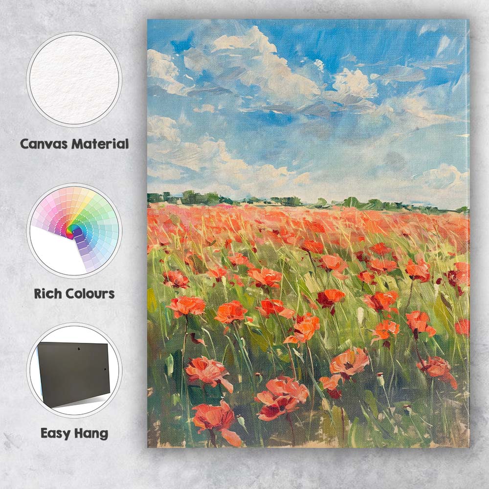 Impressionist Red Poppy Field Blue Sky Landscape Canvas Wall Art Print Decor Picture Ready to Hang