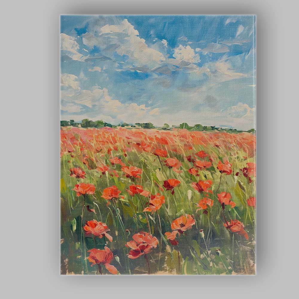 Impressionist Red Poppy Field Blue Sky Landscape Canvas Wall Art Print Decor Picture Ready to Hang