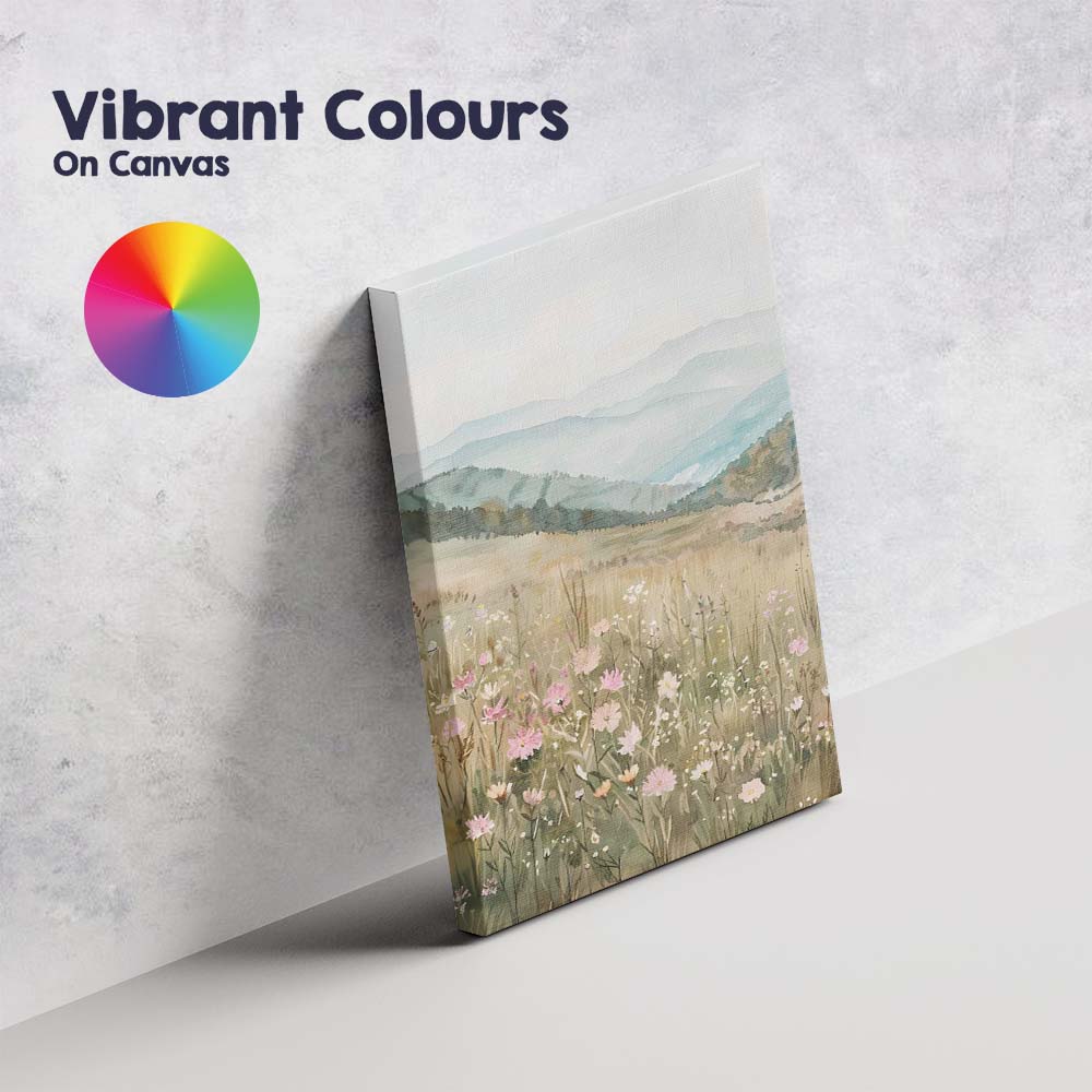 Minimal Watercolour Mountain Valley Wildflower Landscape Canvas Wall Art Print Decor Picture Ready to Hang