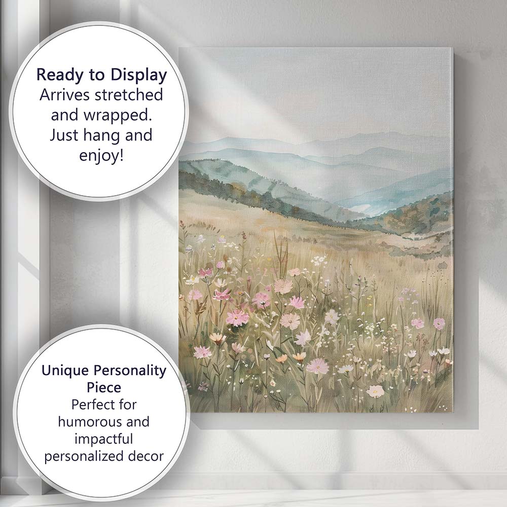 Minimal Watercolour Mountain Valley Wildflower Landscape Canvas Wall Art Print Decor Picture Ready to Hang