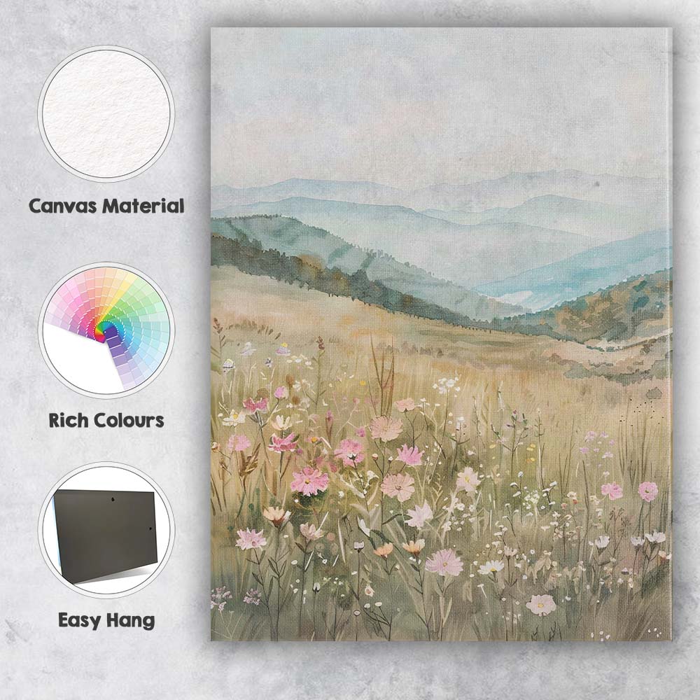 Minimal Watercolour Mountain Valley Wildflower Landscape Canvas Wall Art Print Decor Picture Ready to Hang