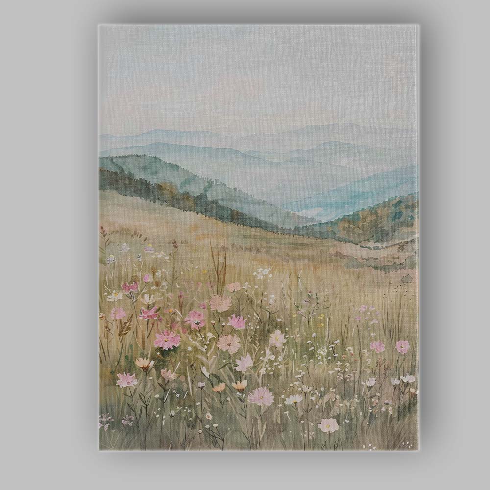 Minimal Watercolour Mountain Valley Wildflower Landscape Canvas Wall Art Print Decor Picture Ready to Hang