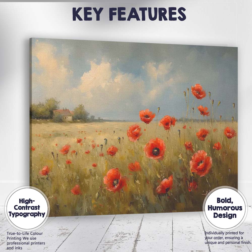 Rustic Red Poppy Meadow Countryside Landscape Canvas Wall Art Print Decor Picture Ready to Hang
