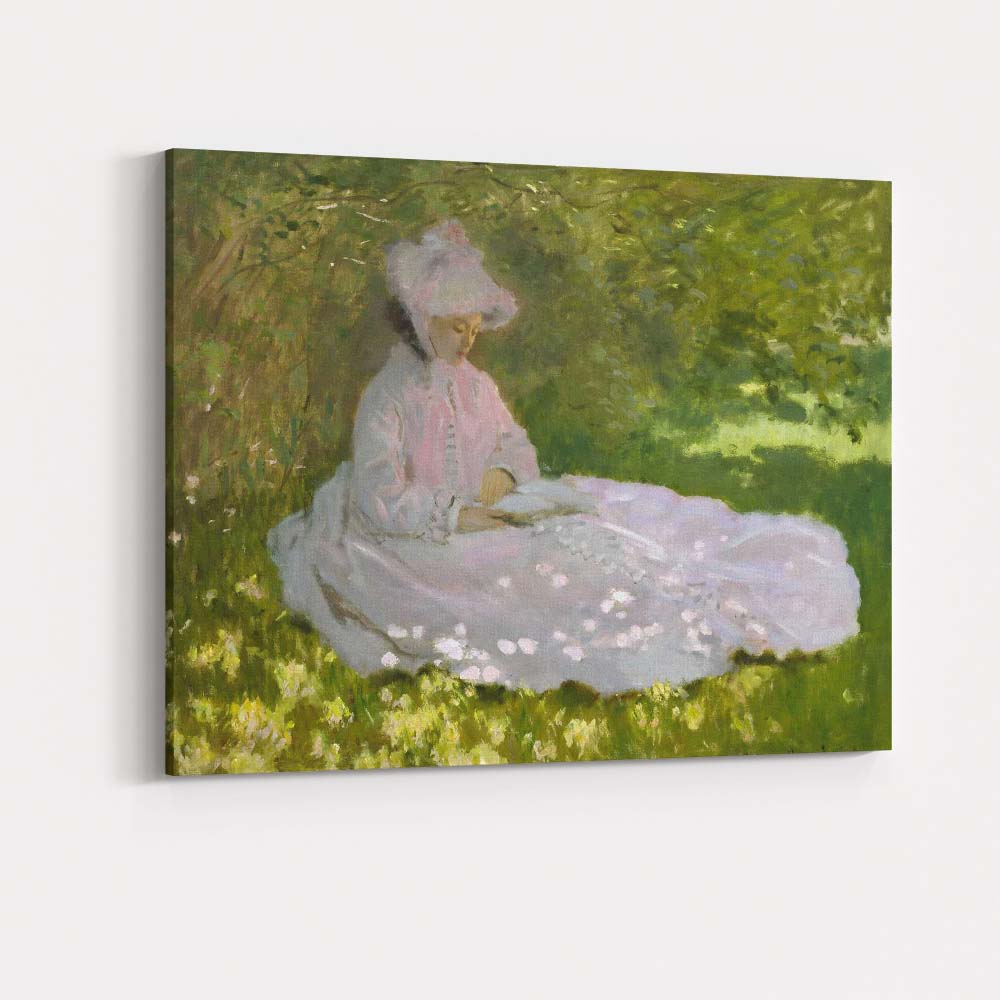 Impressionist Woman In Pink Dress Reading Garden Canvas Wall Art Print Decor Picture Ready to Hang