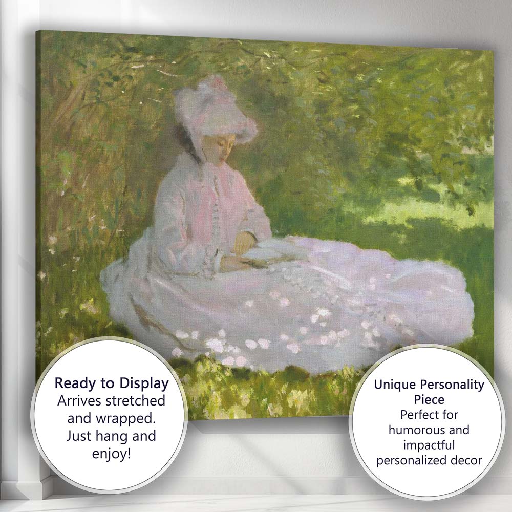 Impressionist Woman In Pink Dress Reading Garden Canvas Wall Art Print Decor Picture Ready to Hang