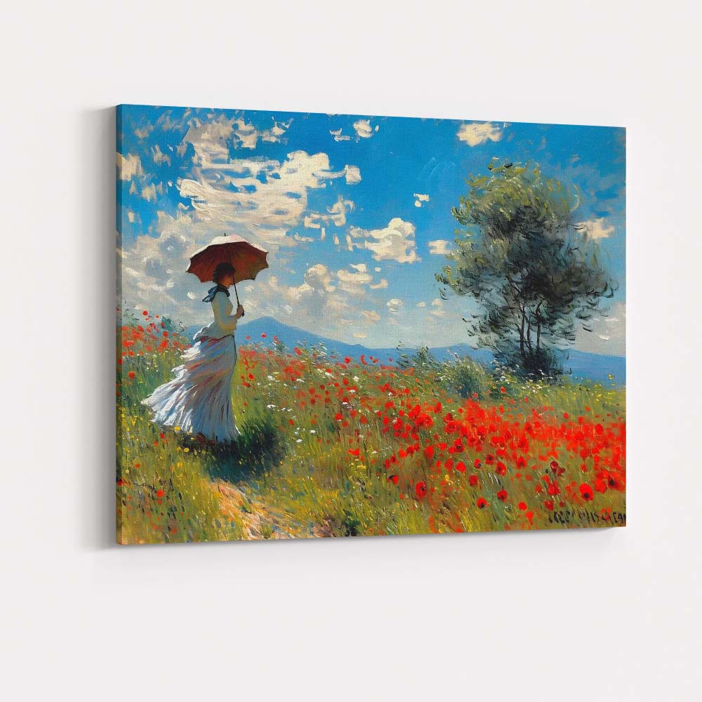 Impressionist Woman With Parasol Poppy Meadow Summer Landscape Canvas Wall Art Print Decor Picture Ready to Hang