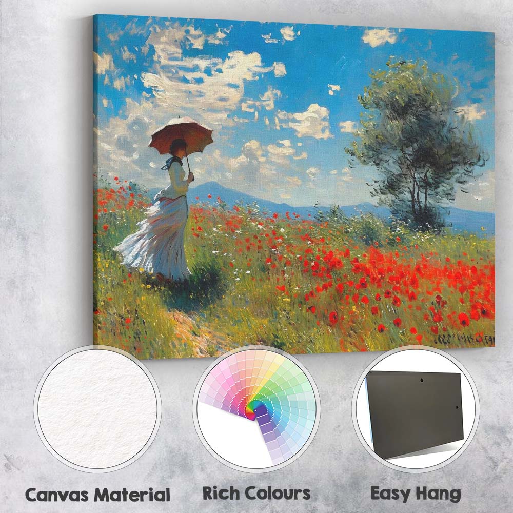 Impressionist Woman With Parasol Poppy Meadow Summer Landscape Canvas Wall Art Print Decor Picture Ready to Hang