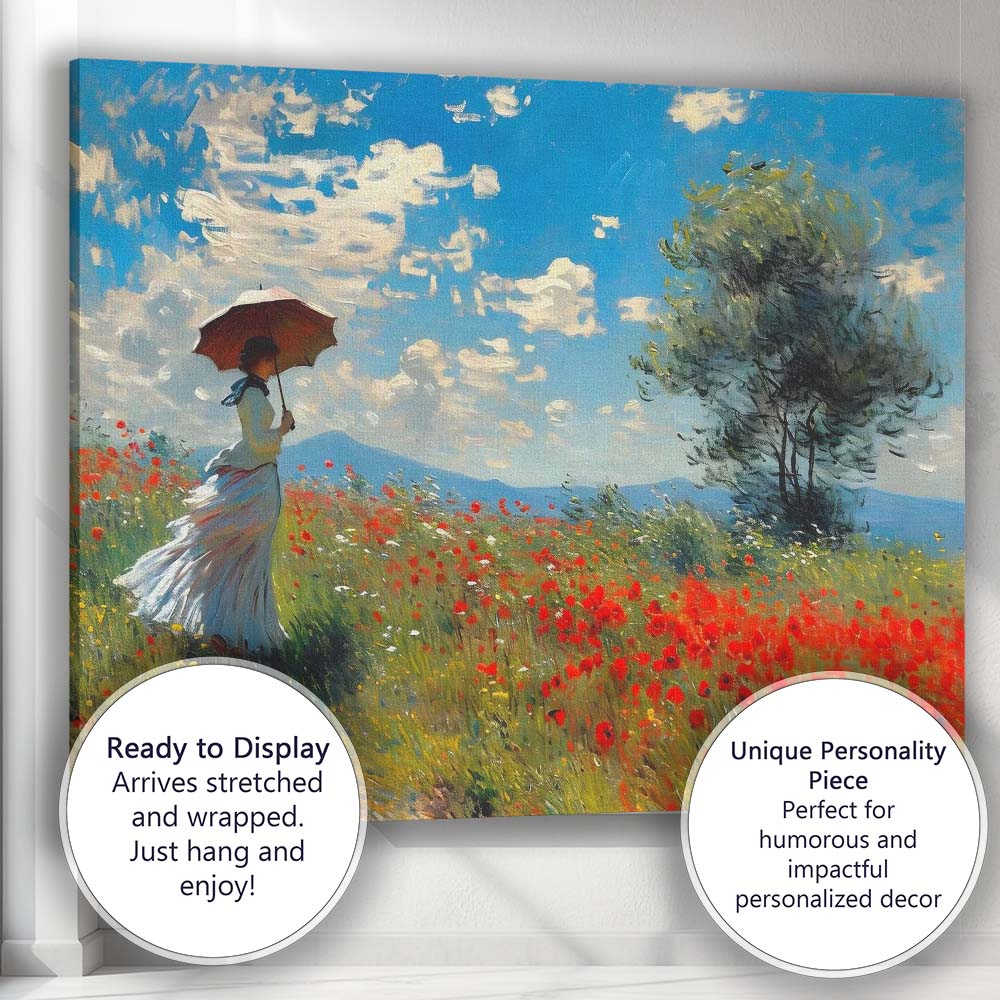 Impressionist Woman With Parasol Poppy Meadow Summer Landscape Canvas Wall Art Print Decor Picture Ready to Hang