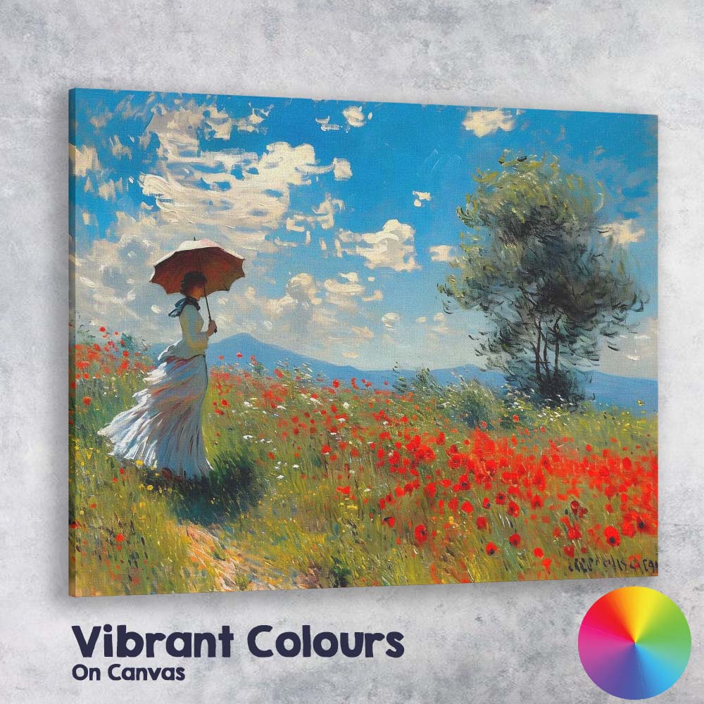 Impressionist Woman With Parasol Poppy Meadow Summer Landscape Canvas Wall Art Print Decor Picture Ready to Hang