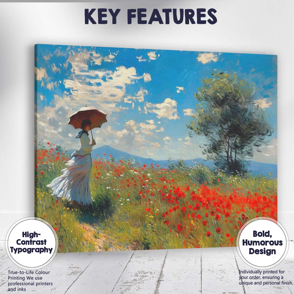 Impressionist Woman With Parasol Poppy Meadow Summer Landscape Canvas Wall Art Print Decor Picture Ready to Hang