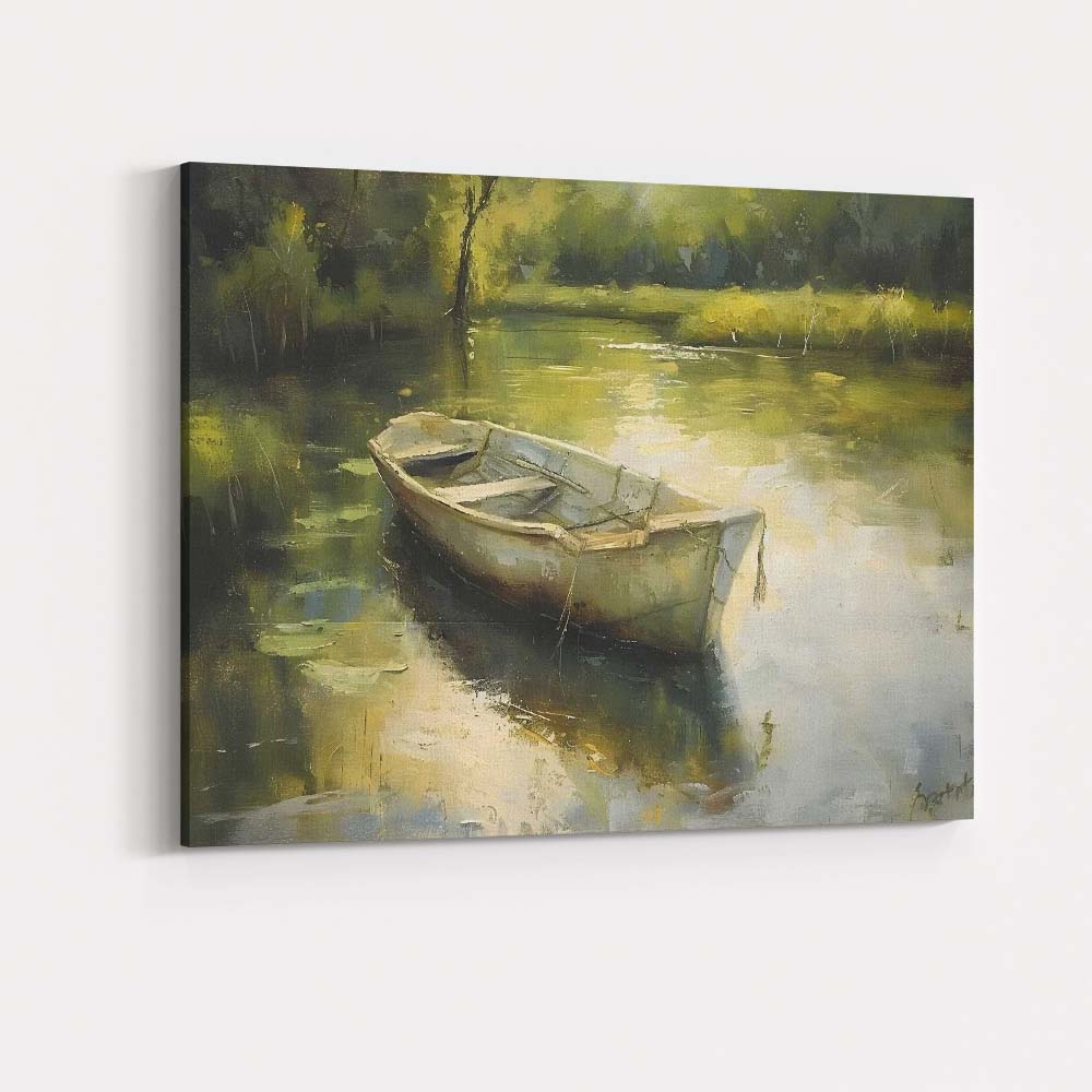 Impressionist Rustic Rowboat Peaceful Woodland Lake Reflection Canvas Wall Art Print Decor Picture Ready to Hang