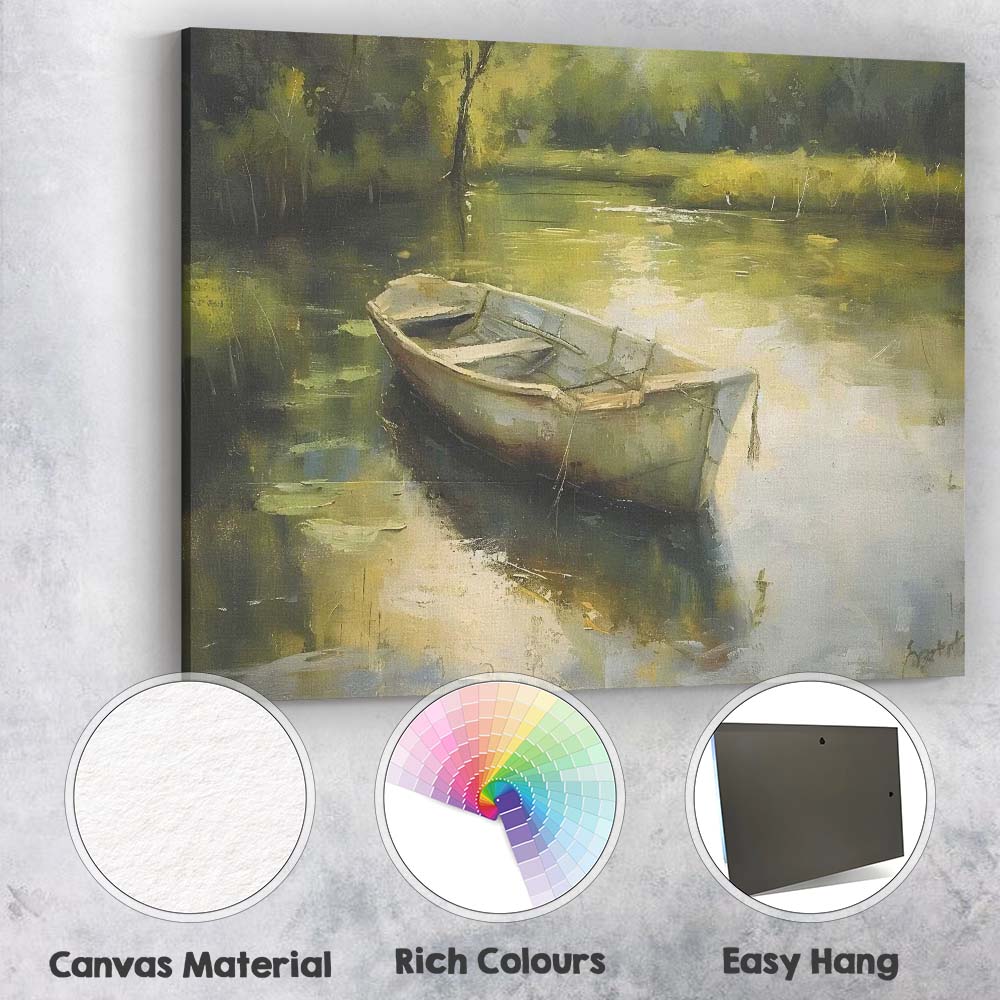 Impressionist Rustic Rowboat Peaceful Woodland Lake Reflection Canvas Wall Art Print Decor Picture Ready to Hang
