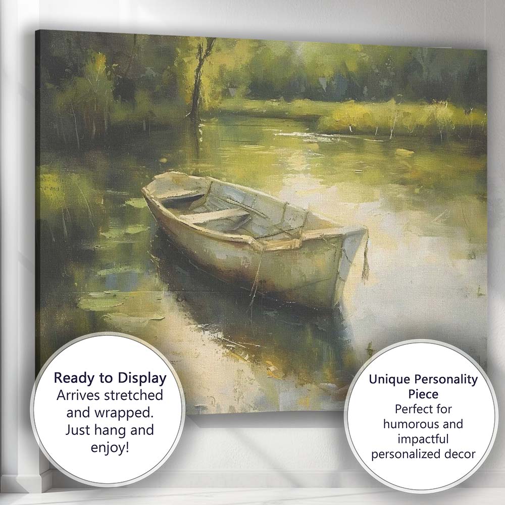 Impressionist Rustic Rowboat Peaceful Woodland Lake Reflection Canvas Wall Art Print Decor Picture Ready to Hang