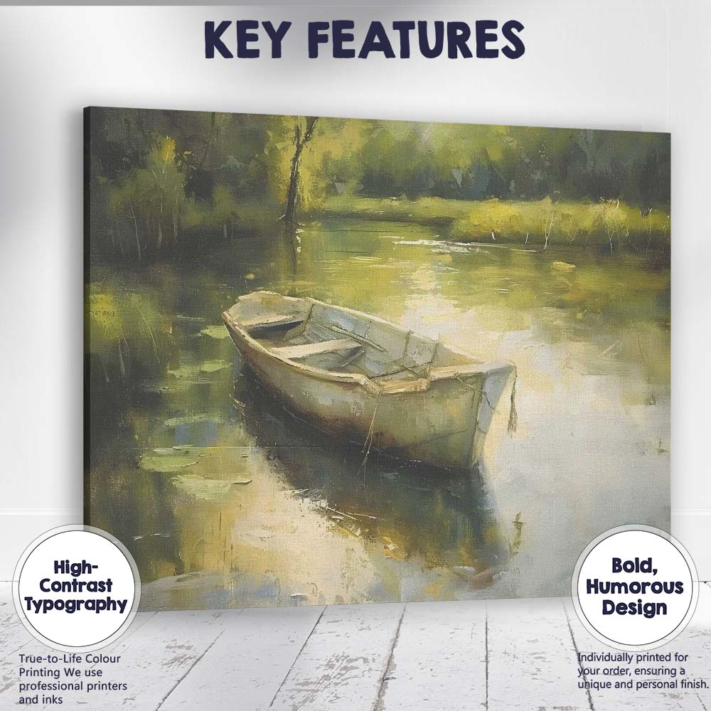 Impressionist Rustic Rowboat Peaceful Woodland Lake Reflection Canvas Wall Art Print Decor Picture Ready to Hang