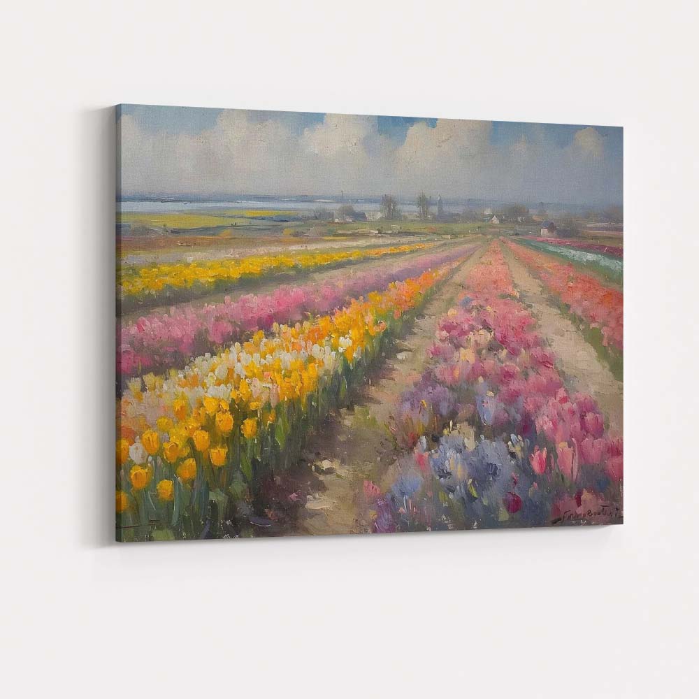 Impressionist Colourful Tulip Flower Field Dutch Countryside Canvas Wall Art Print Decor Picture Ready to Hang