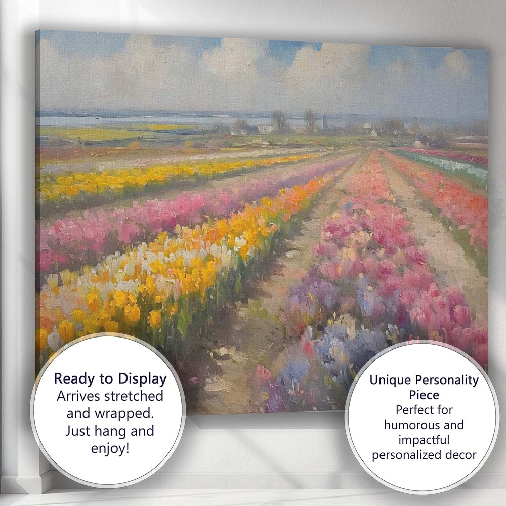 Impressionist Colourful Tulip Flower Field Dutch Countryside Canvas Wall Art Print Decor Picture Ready to Hang