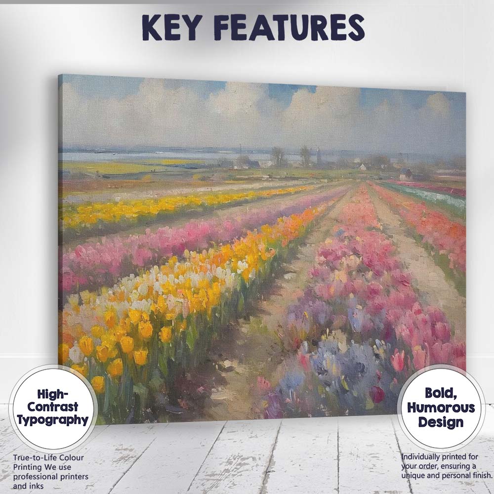 Impressionist Colourful Tulip Flower Field Dutch Countryside Canvas Wall Art Print Decor Picture Ready to Hang