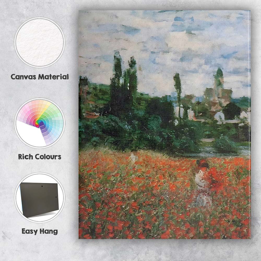 Impressionist Red Poppy Field Italian Countryside Village Landscape Canvas Wall Art Print Decor Picture Ready to Hang