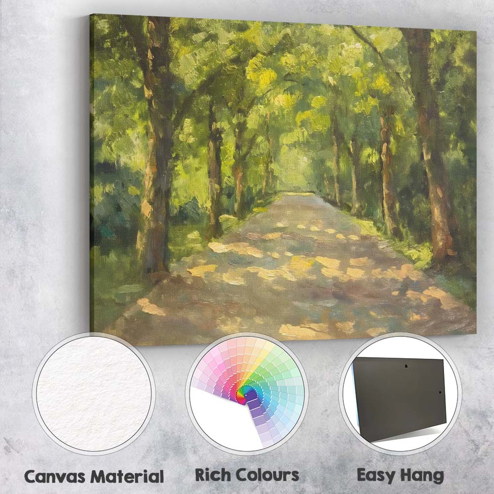 Sunlit Tree Lined Country Lane Impressionist Landscape Canvas Wall Art Print Decor Picture Ready to Hang