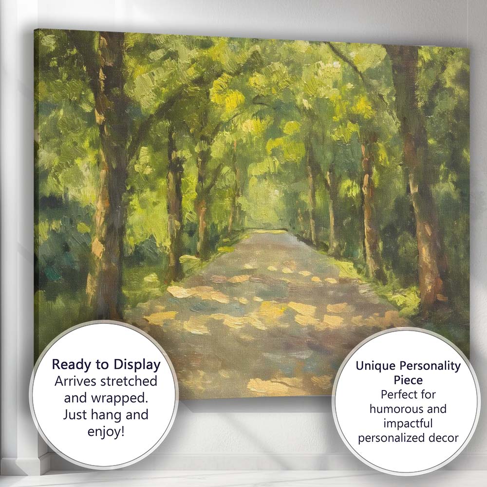 Sunlit Tree Lined Country Lane Impressionist Landscape Canvas Wall Art Print Decor Picture Ready to Hang