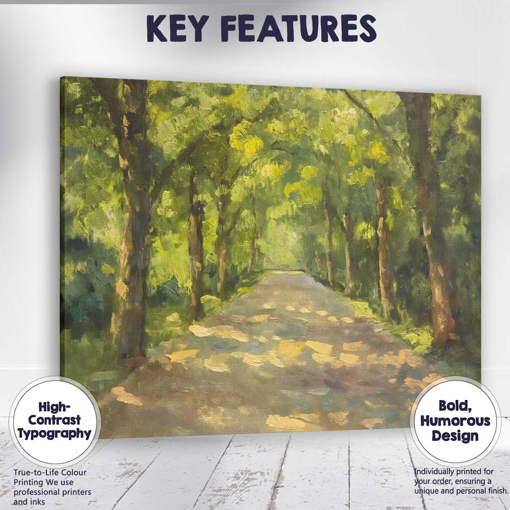 Sunlit Tree Lined Country Lane Impressionist Landscape Canvas Wall Art Print Decor Picture Ready to Hang