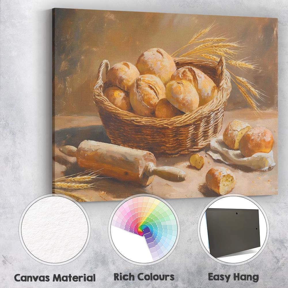 Rustic Bread Basket Bakery Still Life Canvas Wall Art Print Decor Picture Ready to Hang