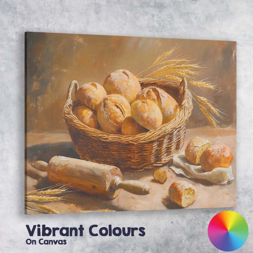 Rustic Bread Basket Bakery Still Life Canvas Wall Art Print Decor Picture Ready to Hang