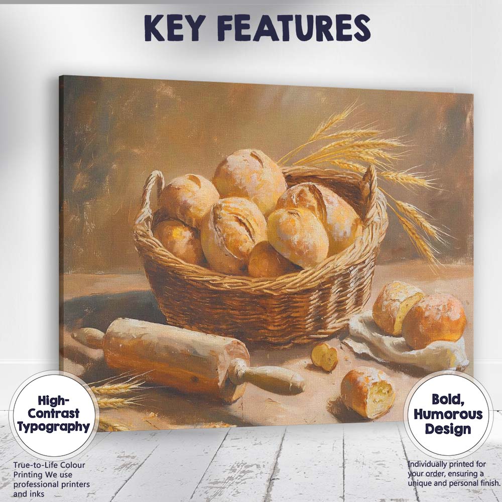 Rustic Bread Basket Bakery Still Life Canvas Wall Art Print Decor Picture Ready to Hang